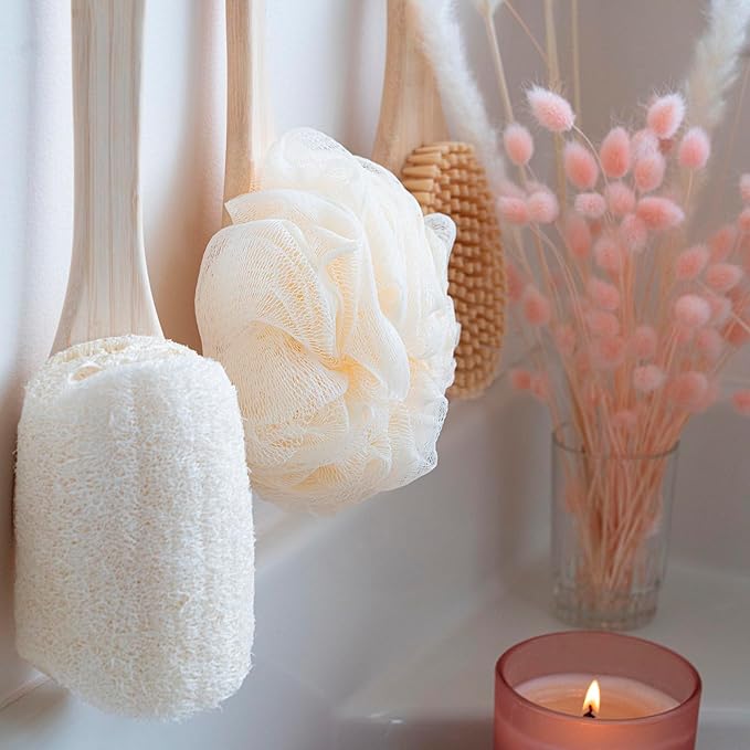 Bath Pouf With Handle - Hard-to-Reach Cleansing Sponge - EcoPouf Bath Brush - Assorted Colors