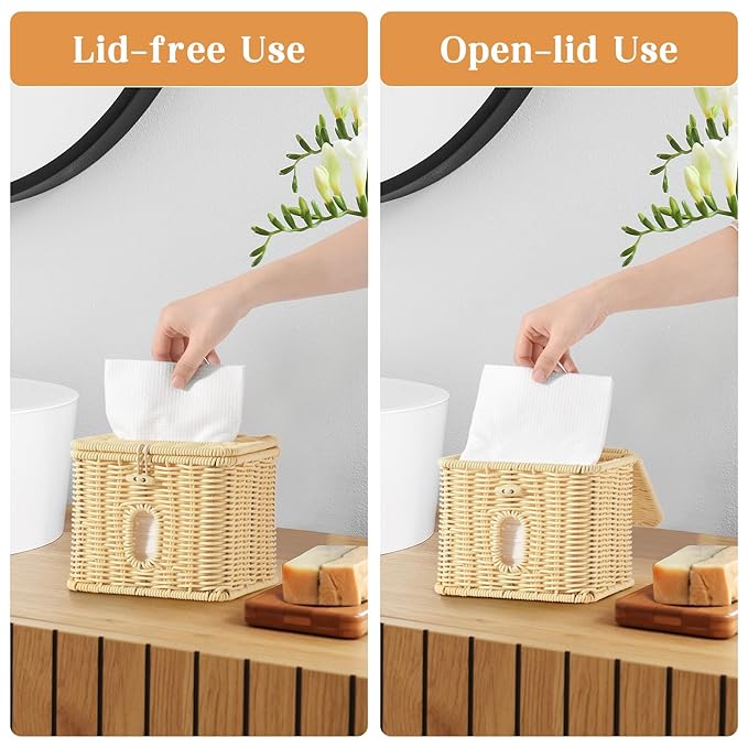 Facial Clean Skin Club Face Towels Holder for Bathroom, Plastic Rattan Disposable Face Towel Holder, Farmhouse Style for XL Face Towels Box Basket with Lid, Beige Color