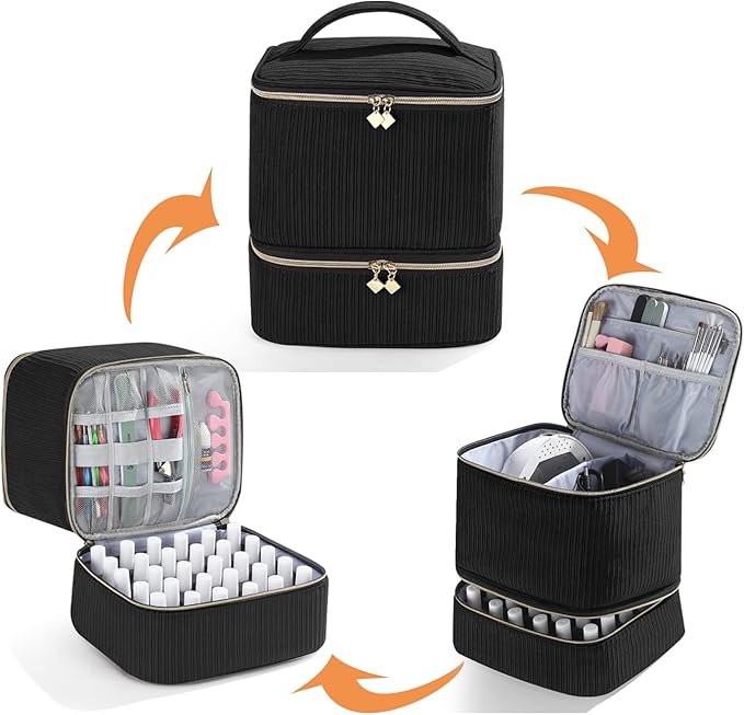 Corduroy Nail Polish Organizer and Nail Lamp Case, Nail Kit Organizer Holds 30 Bottles (15ml - 0.5 fl.oz) and a Nail Lamp, Nail Polish Carrying Case with Manicure Tools Storage Sections (Black)