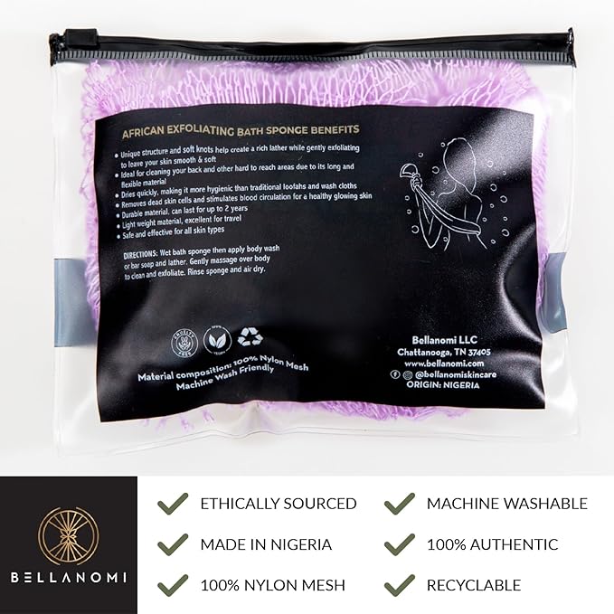 BELLANOMI African Exfoliating Net Sponge, Authentic African Bath Sponge, Ethically sourced from Nigeria, 45 inches Long, Back Scrubber for Daily use (Lilac)