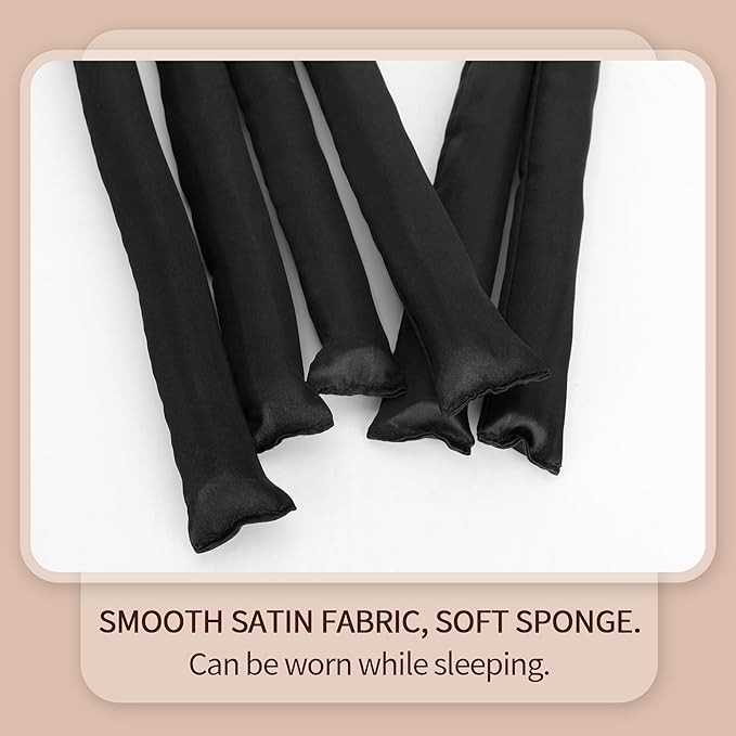 Black Satin Covered Heatless Overnight Curling Rods for Curls and Straight Short Hair - 6Pcs