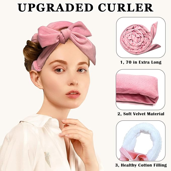 Soft Overnight Curl Headband, 70" Hair Curlers Ribbon Wrap for Long Hair with 9 PCS Rods and Yoga Strap - Pink