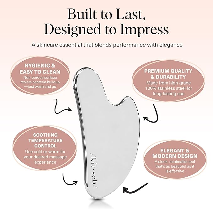 Kitsch Stainless Steel Gua Sha Facial Tools - Guasha Tool for Face, Face Sculpting Tool, Jawline Shaper, Double Chin Reducer, Body Gua Sha Tools, Lymphatic Drainage Massager, Facial Skin Care -Silver