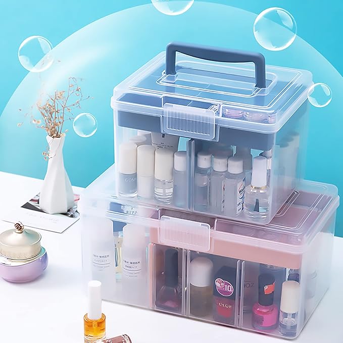 Clear Small Plastic Storage Box with Handle & A Removable Tray & Adjustable Divider, Kids Students Children Art Box, Desk Organiser Case, Medicine Storage Box (Clear & Ocean Blue)