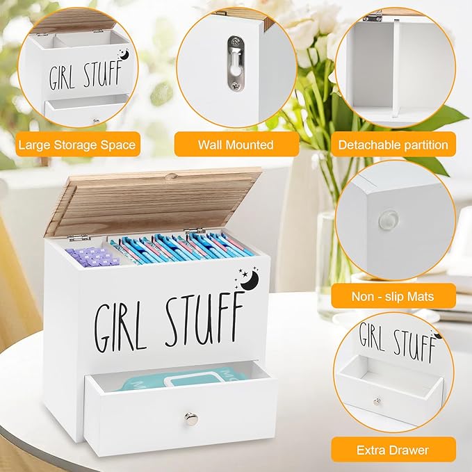 Tampon Holder for Bathroom, Feminine Product Organizer Pad Case with Lid, Pad and Tampon Organizer, Bathroom Accessories Box for Girl Stuff (White with Drawers)