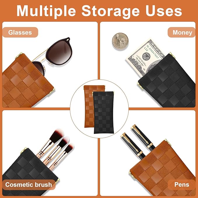 4Pcs Small Makeup Bag for Purse, Mini Checkered Leather Purse Pouches for Purse Small Makeup Pouch Small Coin Purse Organizer Pouches, Portable No Zipper Pocket Cosmetic Bag for Women (Black, Brown)