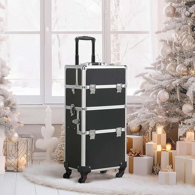 Yaheetech Rolling Makeup Train Case 3 in 1 Cosmetic Makeup Case Large Aluminum Trolley Makeup Travel Case Professional Rolling Cosmetic Beauty Storage, with 360° Swivel Wheels, Black