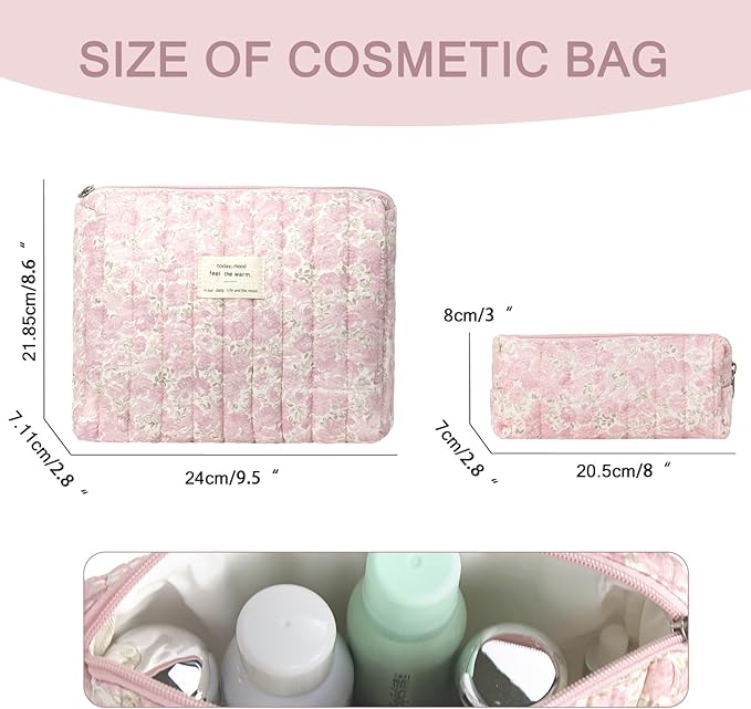 2PC Makeup Bag Set, Cute Cosmetic Bag for Women Girls, Floral Coquette Aesthetic Toiletry Bag, Travel Make Up Organizer Bag (Pink Flower)