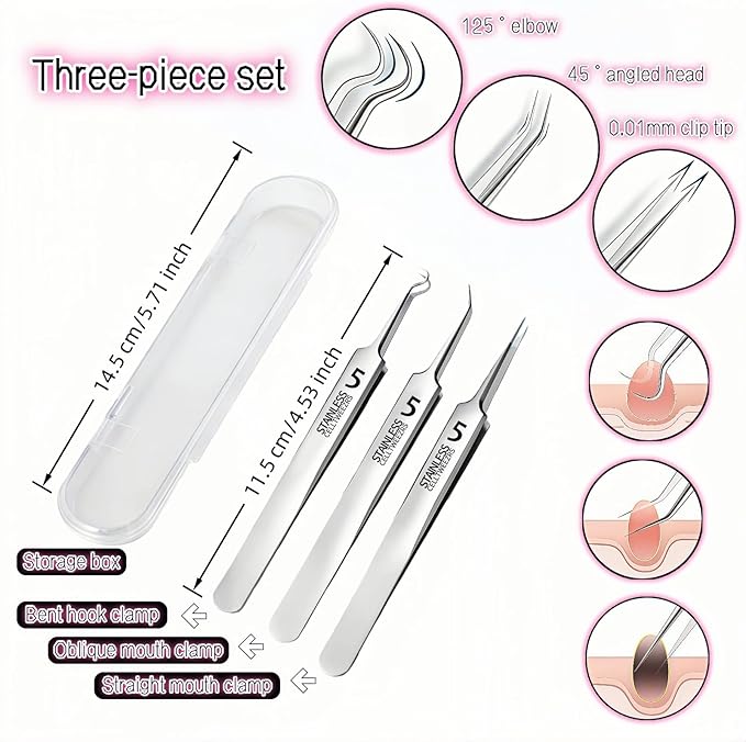 Professional Blackhead Remover Tweezers Set, Stainless Steel Pimple Extractor Tool Kit with Straight, Angled and Curved Tips, 3 Piece Set with Storage Case