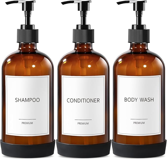 GMISUN Glass Shampoo and Conditioner Dispenser with Silicone Boot, Shower Soap Dispenser Bottles with Labels, Refillable Shampoo Conditioner Body Wash Dispensers