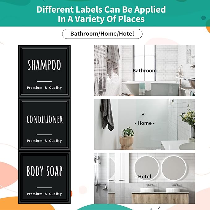 Segbeauty Soap Dispenser Labels, 18pcs Bathroom Waterproof Labels for Bottles, Black Removable Self-Adhesive Cleaning Bottle Label Stickers Printed with Shampoo Conditioner Body Soap