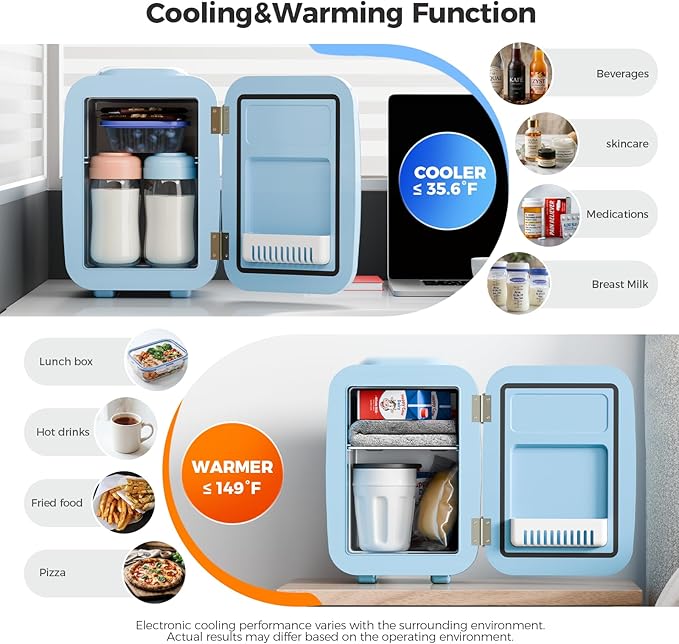 Mini Fridge, 4 Liter/6 Can Mini Makeup Fridge, 110V AC/ 12V DC Portable Thermoelectric Cooler&Warmer for Skincare, Drink, Cosmetic, Medicine, Small fridge for Bedroom, Office, Dorm, Car, Blue