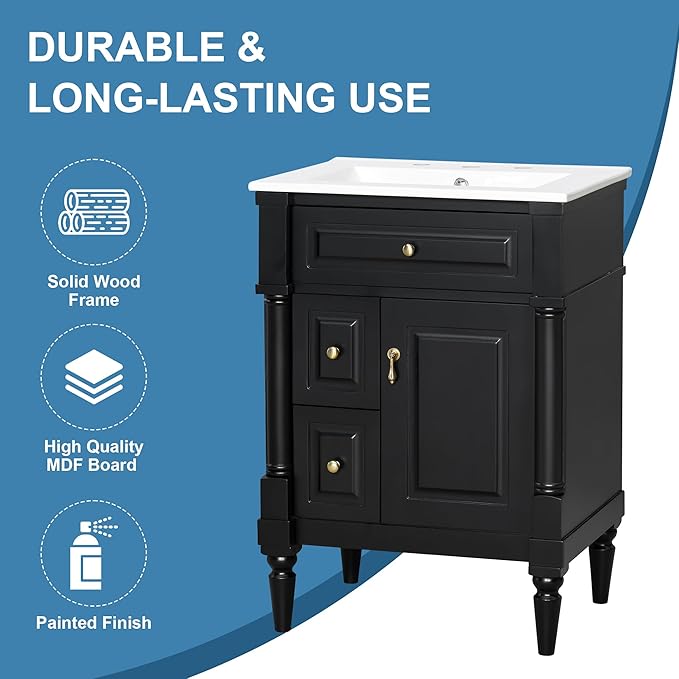 Harper & Bright Designs 24" Bathroom Vanity with Sink, Free Standing Bathroom Vanity Set with Flip Drawer, 2 Drawers, and Adjustable Shelf, Wood Storage Cabinet with Ceramic Basin for Bathroom, Black