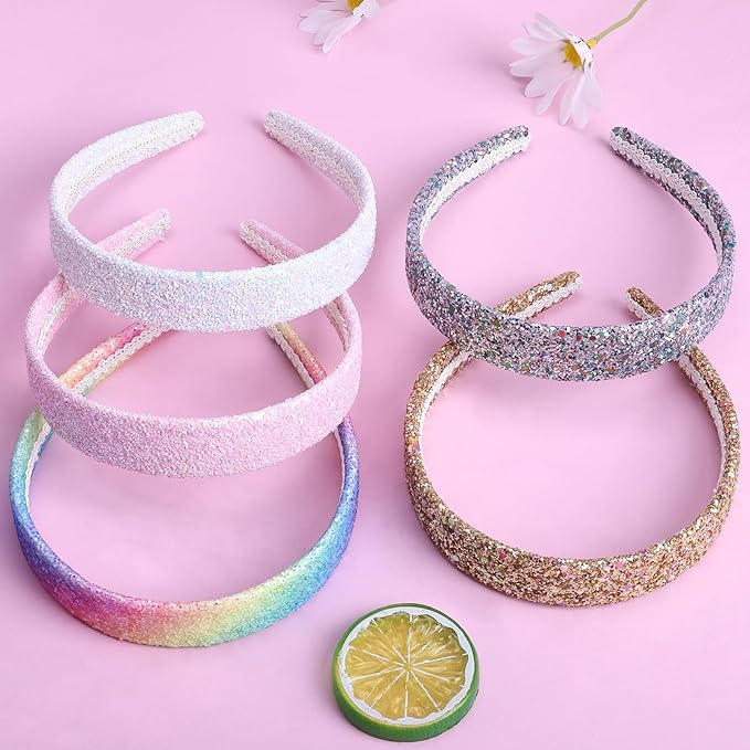 Fishdown Headbands for Girls 3 CM Wide, 5 Pack Cute Sparkly Hair Bands for Kids, Rainbow Sequin Girls Headbands for Kids Children Teens Women