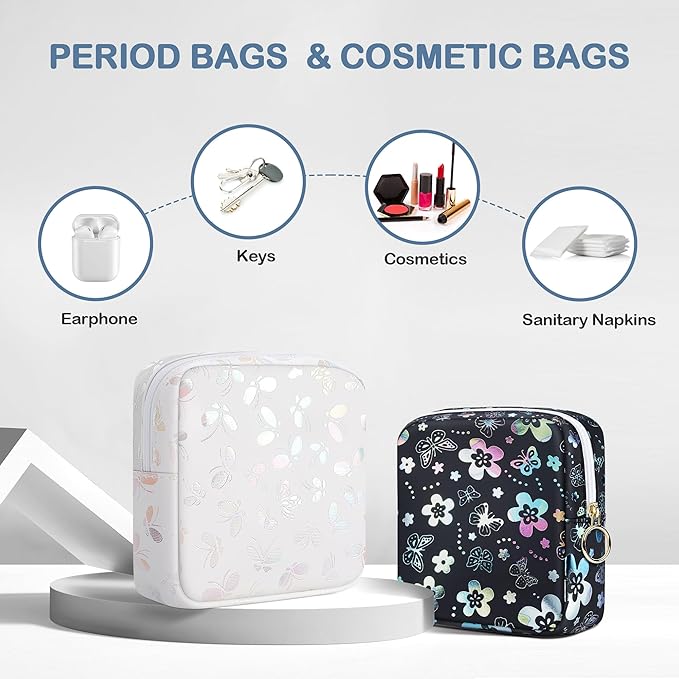 Period Bag Pouch, Leather Sanitary Napkin Storage Bag for Girls Womens, Portable Sanitary Napkin Period Pad Pouch Bag for Purse, Small Make Up Bags(Flower Butterflies)