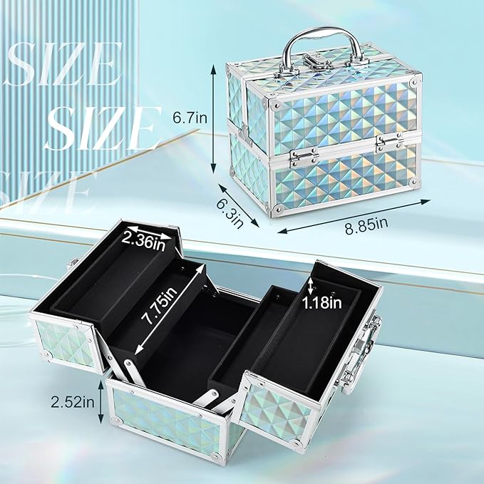 RENESSA Makeup Train Case Portable Makeup Case Organizer Cosmetic Box Make Up Box Makeup Organizer Cosmetic Storage Cases with Locking Nail Kit Organizer Travel Case Shiny Blue