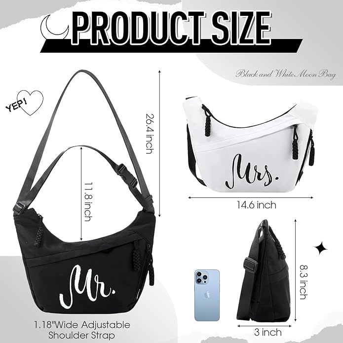 2 Pcs Wedding Gift Mr Mrs Crescent Bag Mr Mrs Travel Sling Crossbody Bag with Adjustable Strap for Bride Groom Couple Bridal Shower Engagement Bachelorette Party Honeymoon Gifts, Black White