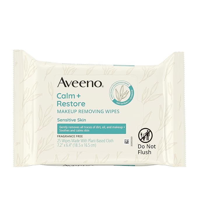 Aveeno Calm + Restore Unscented Makeup Remover Face Wipes, Fragrance Free Facial Cleansing Towelettes with Oat Extract & Calming Feverfew Leave Skin Feeling Soothed, Alcohol Free, 25 ct