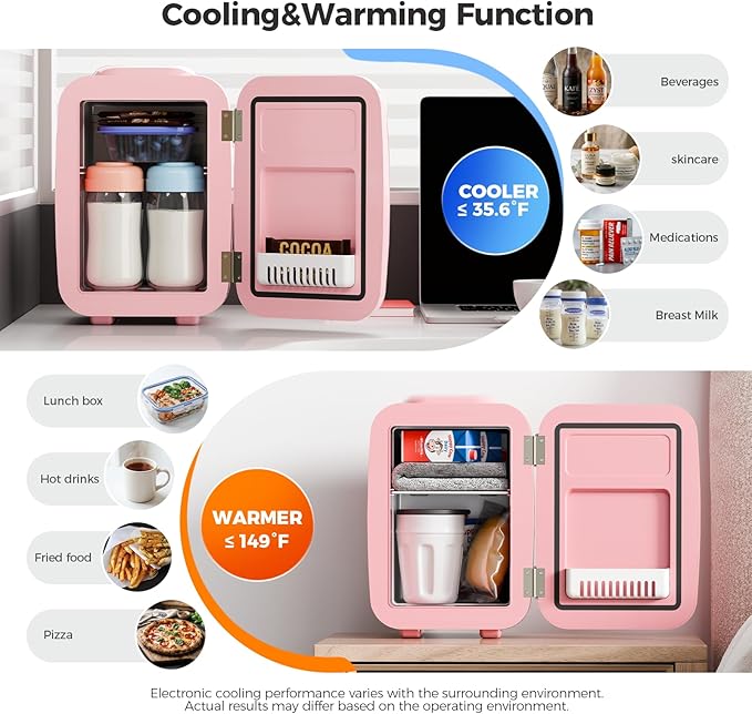 Mini Fridge, 4 Liter/6 Can Mini Makeup Fridge, 110V AC/ 12V DC Portable Thermoelectric Cooler&Warmer for Skincare, Drink, Cosmetic, Medicine, Small fridge for Bedroom, Office, Dorm, Car, Pink