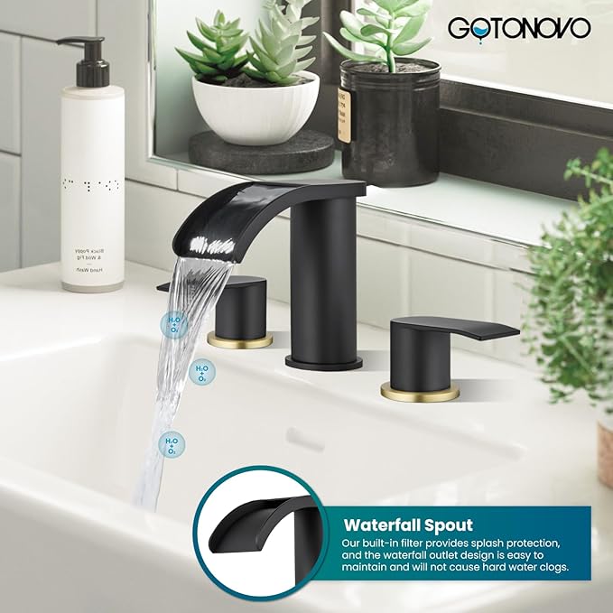 gotonovo Waterfall 8 inch Widespread Bathroom Faucet Set Bathroom Sink Faucet 3 Hole 2 Handle Vanity Lavatory Deck Mount with Pop Up Drain and Water Supply Lines Round Body Matte Black & Brushed Gold