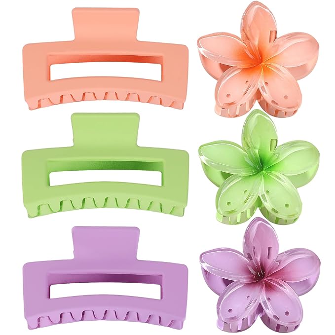 Flower Hair Clips for Women Square Claw Clips for Girls 2 Styles Hair Claw Clips for Thick or Thin Hair 6 PCS Hawaiian Hibiscus Rectangle Large Plumeria Medium Hair Accessories for Women (Purple)