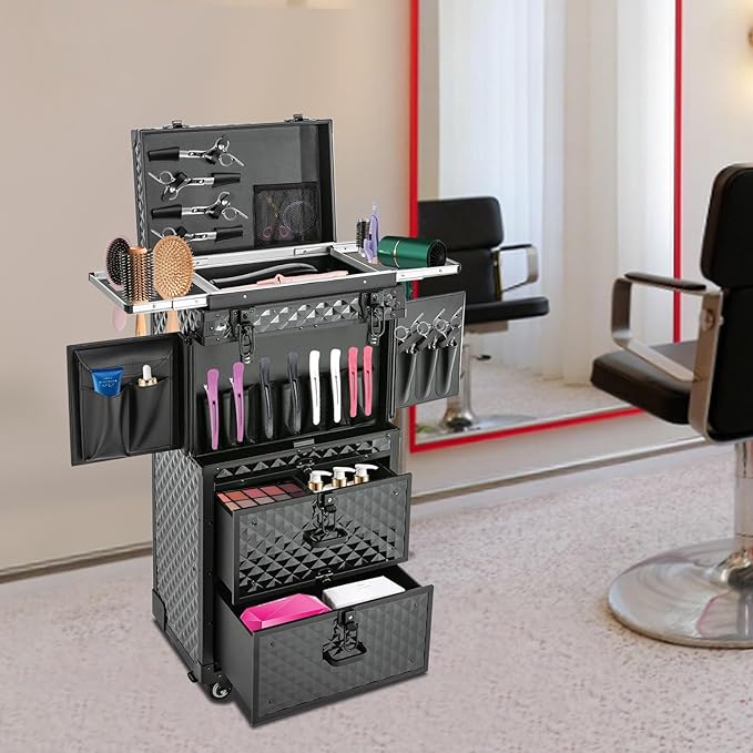 Rolling Lockable Makeup Train Case With Metal Universal Wheel, Cosmetic Storage Box Cases, 32In-Retro Travel Organizer Tool Box w/Combination Locks for Stylist, Beauty, Makeup Artist (Black2)