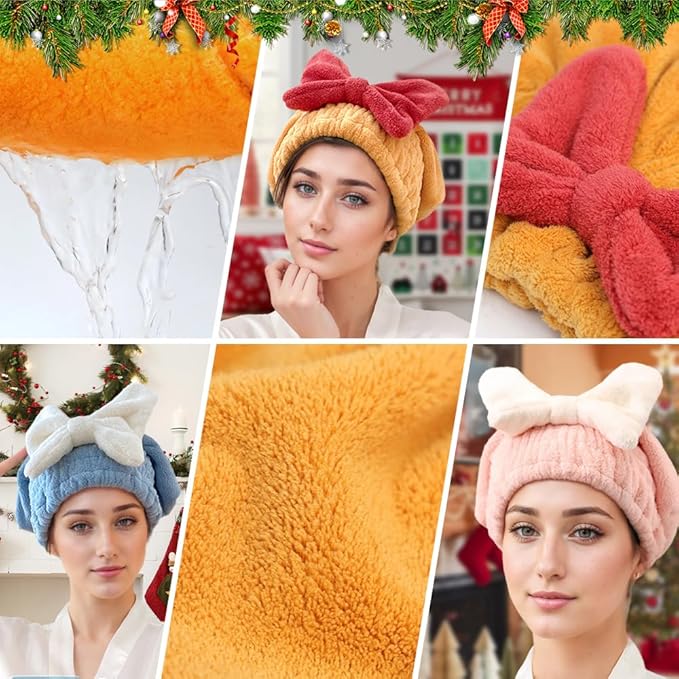 2PCS Microfiber Hair Drying Caps, Christmas Absorbent Hair Towel Wrap for Women Wet Hair Quick-Drying Hair Towels, Soft Bow Tie Wet Hair Towel Wrap for Party Favors Goody Bag Filler (Red+Yellow)
