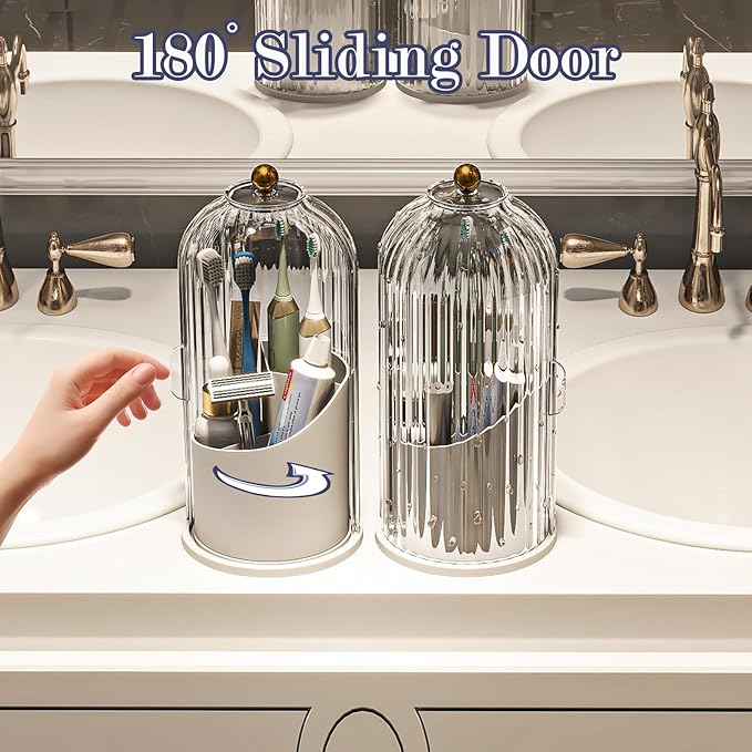Dustproof Toothbrush Holders with Cover, Rotating Electric Toothbrush and Toothpaste Holder for Bathroom Countertop, 3 Slots Makeup Brushes Organizer, Transparent