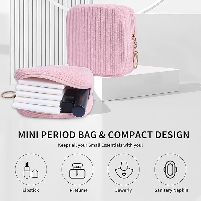 Sanitary Napkin Storage Bag, Preppy Corduroy Period Bag for Women, Cute Portable Period Pouch with Zipper, Sanitary Pads Bag Tampons Holder for Purse, First Period for Women Ladies