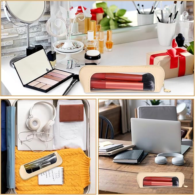 2Pcs Clear Makeup Brush Bag, Leather Slim Makeup Case, Portable Transparent Waterproof Cosmetic Pouch with Zipper, Double Sided Clear Bag for Women Travel Storage (White, Pink)