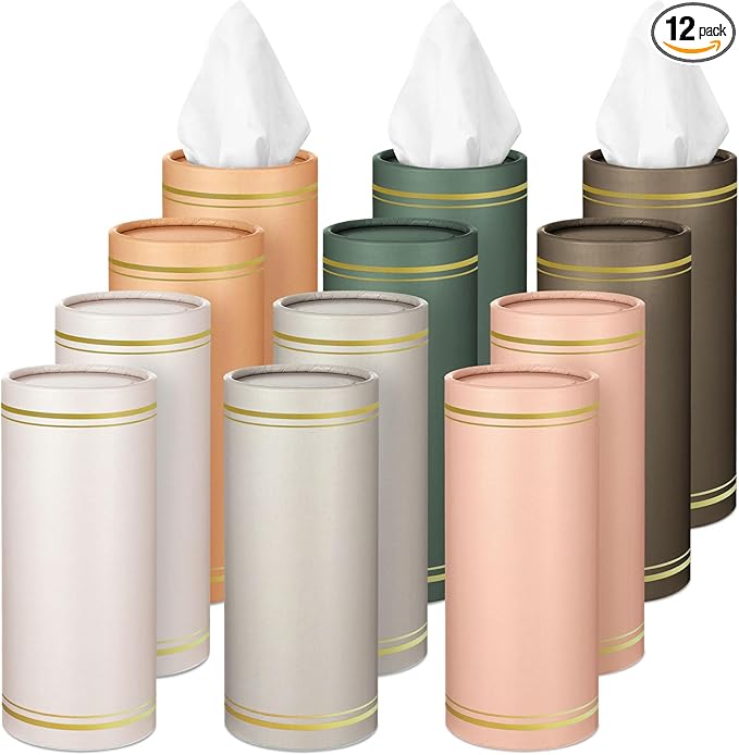 12 Pack Car Tissue Cylinder Holder Bulk with 3 Ply Facial Tissues, Round Napkin Holders for Cup Holder Cylinder Travel Paper Tubes Bulk Round Napkin Boxes Packs(Morandi)