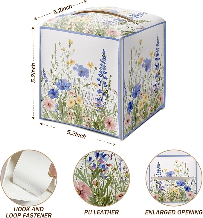Wildflowers Tissue Box Cover Square with Bottom Belt, Floral Leather Waterproof Tissue Holder Facial Paper Case for Tabletop Home Office Bathroom Car Decor -07