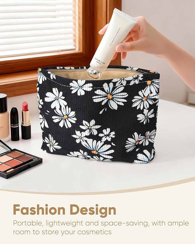 Cute Elegent Black Floral Flower Makeup Pouch for Women Small Make Up Bag for Purse Zipper Initial Makeup Cosmetic Bags Pouches for Purse Aesthetic Travel Toiletry Bags