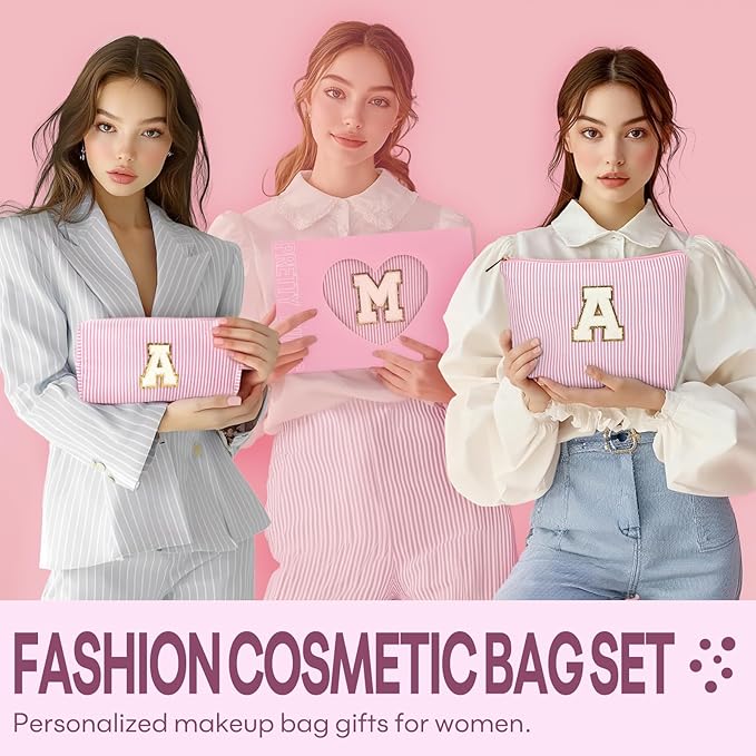 2 PCS Initial Makeup Bags for Women: Cosmetic Bag for Travel Toiletry - Birthday Gifts for 11 12 13 14 15 16 17 18 Years Old Girl Graduation Teacher Gift- Teen Girl Gifts Trendy Stuff - Light Pink K