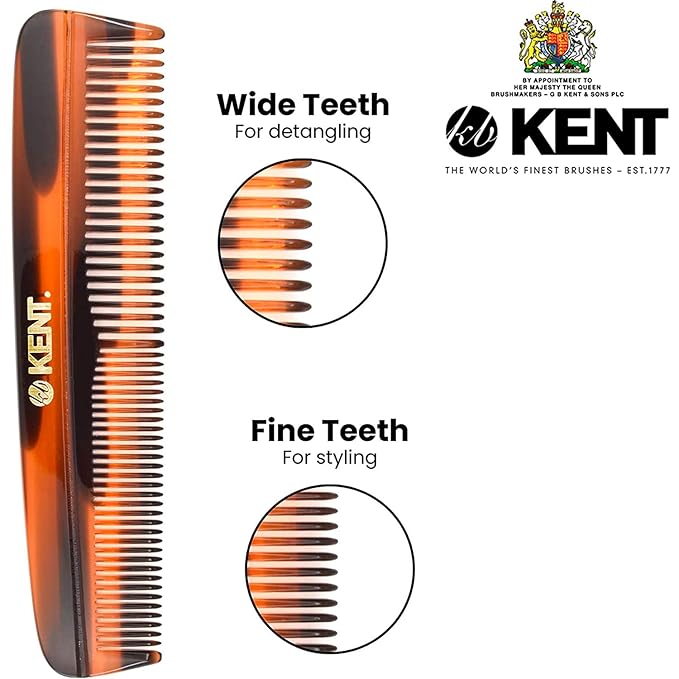 Kent R7T The APSLEY, Special Edition, Fine and Wide Tooth Hair Comb, Handmade Pocket Comb for Men, Best Beard and Mustache Combs for Everyday Grooming and Styling, Sawcut Handmade.