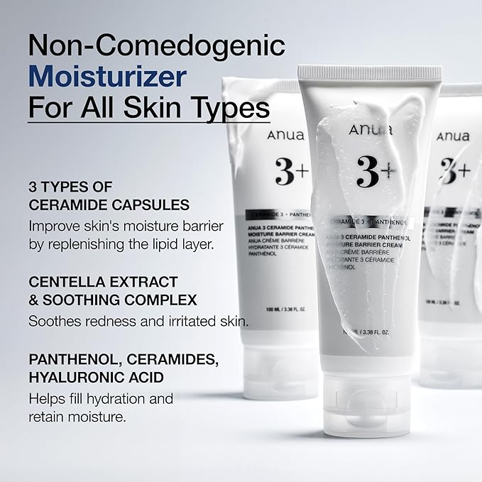 ANUA 3 Ceramide Panthenol Moisture Barrier Cream, Hydrating Daily Face Moisturizer for All Skin Types, Soothing, Non Comedogenic, with Centella for Skin Barrier, Korean Skincare, 3.38 fl oz.