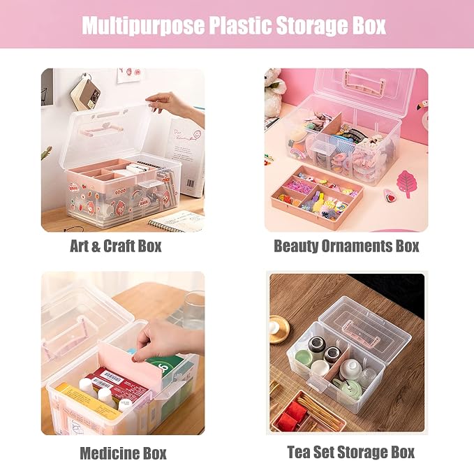 Clear Plastic Office Supply Art & Craft Storage Box, Sewing Box Organiser Large with a Removable Tray & Adjustable Partition, Portable Travel Makeup Case (Clear & pink)