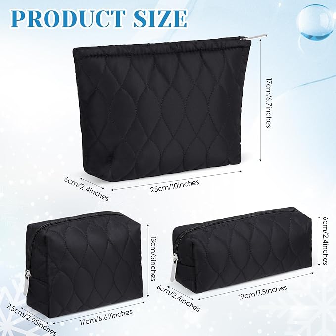 3 Pcs Puffy Makeup Bag Quilted Cosmetic Pouch for Women Cute Waterdrop Travel Toiletry Bag Puffer Makeup Organizer Purse Pouch Preppy Pencil Case with Zipper(Black)