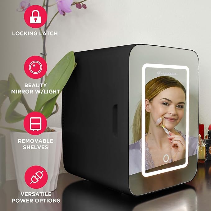Frigidaire Mini Personal Fridge Cooler, LED Lighted Mirror, 6.5L Capacity, 9 Cans, 100% Freon-Free & Eco Friendly, for Makeup, Skincare, Portable, Black