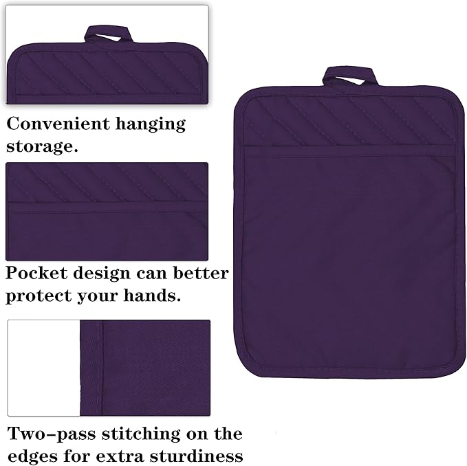 Oven Pot Holder with Pocket Cotton Heat Resistant Coaster Potholder Kitchen Hot Pad Oven Mitts for Cooking Square 7"x9"Set of 5 (Purple)