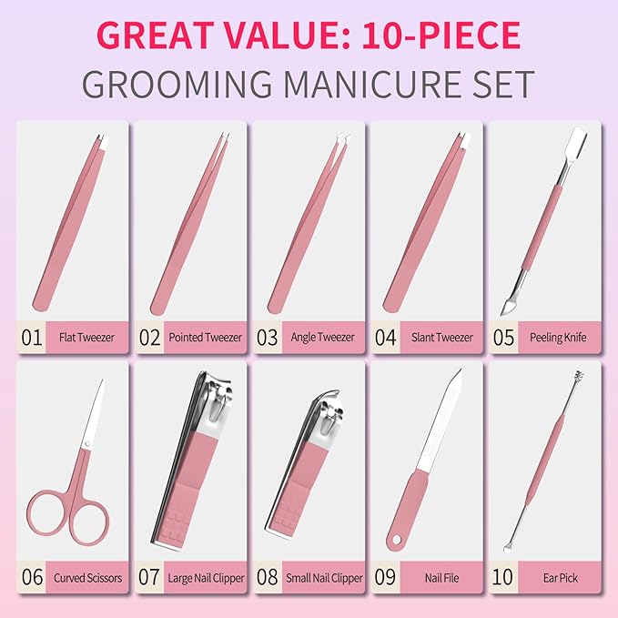 Manicure Set 10 in 1 Stainless Steel Nail Clippers Scissors Tweezers Grooming Kit with Travel Case (Pure Pink)