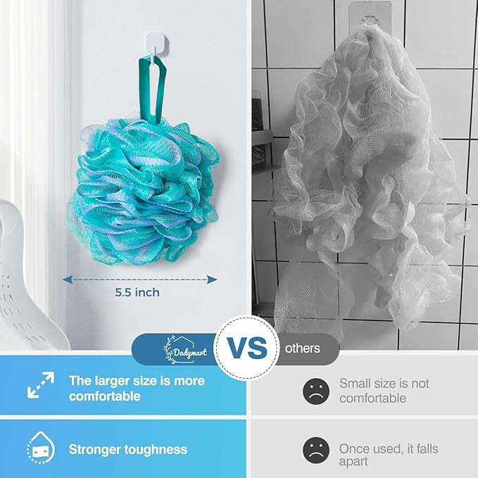 Shower Loofah Sponge Pouf – XL Exfoliating Bath Puff Body Scrubber, Soft Mesh Shower Sponge with Reinforced Knot, Rich Lather, Set of 4 for Women and Men