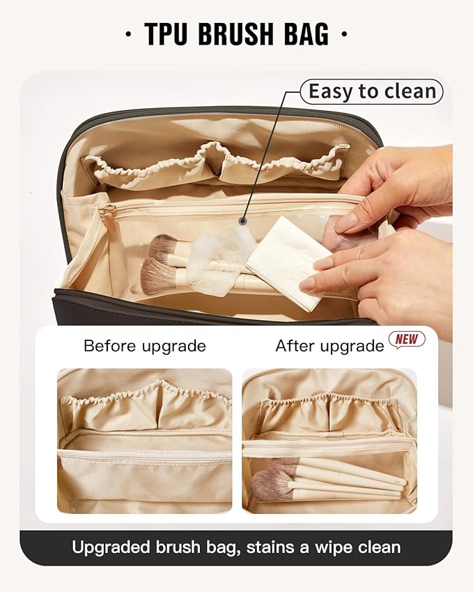 EACHY Travel Makeup Bag, Large Capacity Cosmetic Bag for Women, Waterproof PU Leather, Flat Open Portable Toiletry Bag for Skincare, Brushes & Travel Essentials