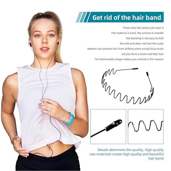 Metal Headband for Men & Women, Adjustable Wavy Zigzag Hair Bands, Non-Slip Elastic Metal Headbands for Sports, Workout, Running, Yoga Comfortable Unisex Hair Hoop (3 Pack)