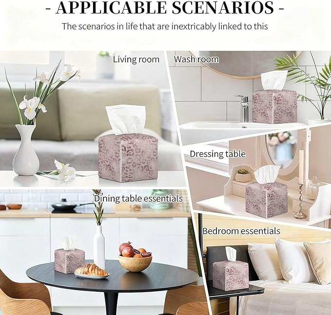 Pink Leopard Tissue Box Cover Leather Tissue Box Holder Square Facial Paper Organizer Dispenser for Bathroom Kitchen Bedroom Vanity Countertop Night Stands