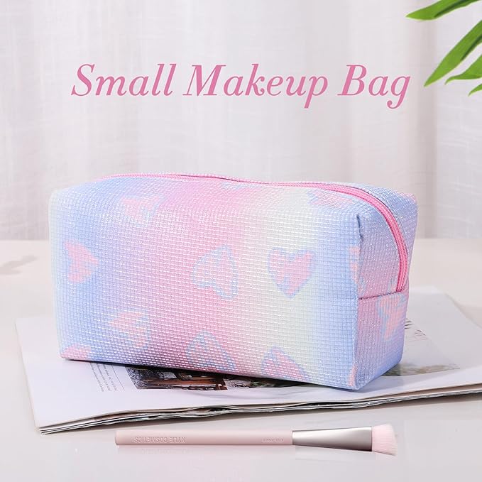 Makeup Bag, Portable Makeup Brush Pouch, Shiny Cool Heart Pattern Makeup Organizer Case for Women, Small