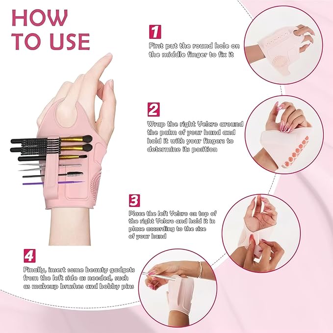 Makeup Mixing Palette Wristband, Silicone Makeup Brush Travel Case, Professional Cosmetic Display Cases Tools Strap for Pigment Makeup Art Nail Palette, Easy Cleaner(Pink)