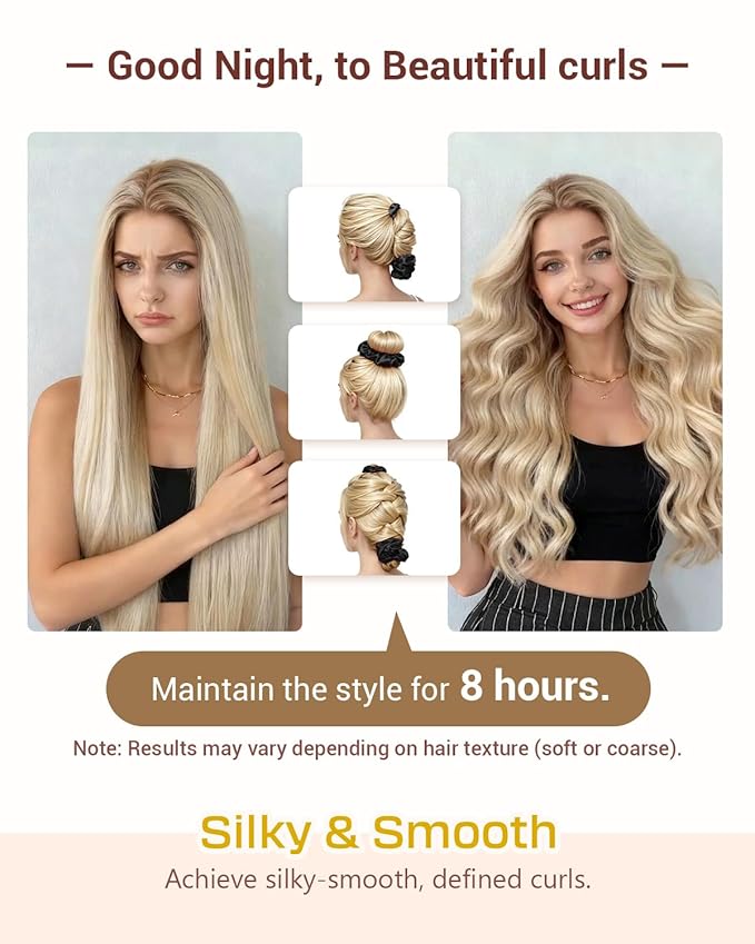 BONNET QUEEN Satin Heatless Hair Curler, Overnight Curls for Long Hair, ultra soft Heatless Curling Rod & 2 Scrunchies,Damage-Free Styling, Soft Hair Curlers for Overnight Use(Black)