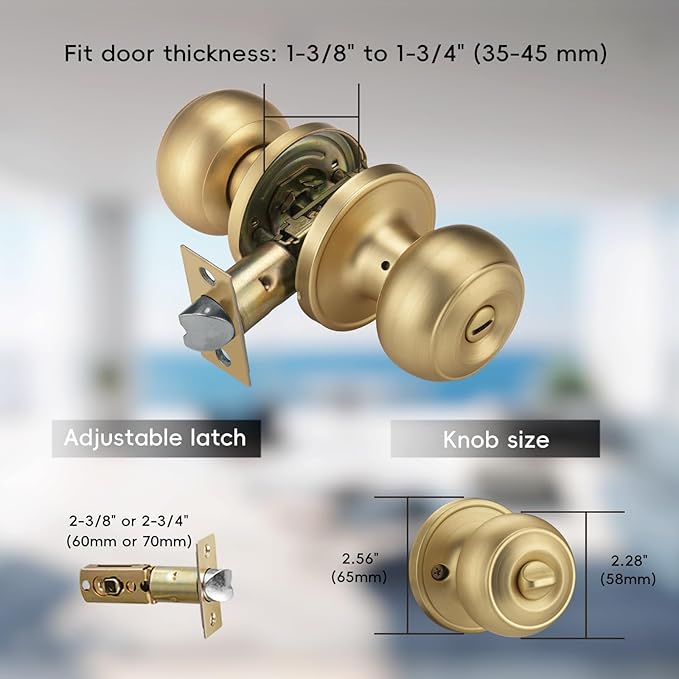 Gold Door Knobs for Privacy, Brass Door Knob Interior for Bath & Bedroom with Turn Lock
