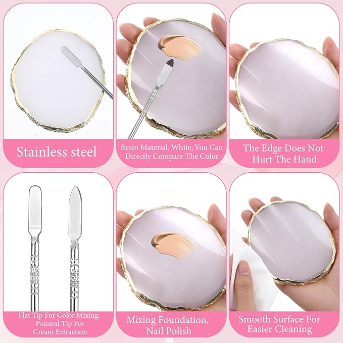 3PCS Resin Makeup Mixing Palette Set, Makeup Mixing Tray, Nail Polish Palette, Flat Foundation Brush and Spatula, DIY Gel Design Nails Eye Shadow Blending Art Tool Gold Edge